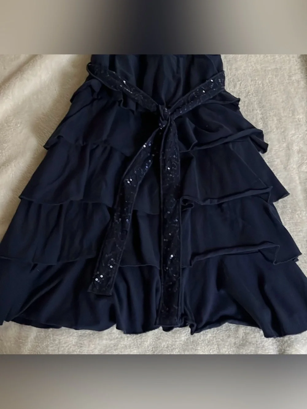 NWT The Children's Place Girls Navy Blue Sequin Belt Tiered Ruffle Dress L 10/12